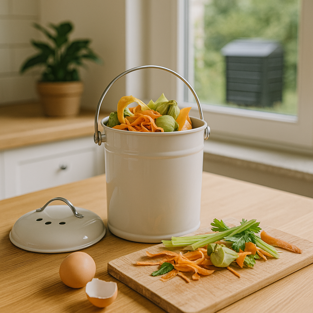 Indoor kitchen compost bin with fruit and vegetable scraps beside a window showing an outdoor compost pile, ideal for green living tips in an eco-friendly home