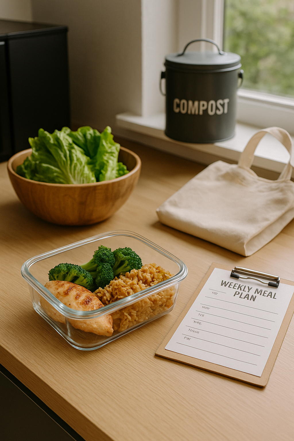 Glass meal prep container with rice, broccoli, and chicken beside a compost bin, meal planner, and fresh produce—illustrating food waste reduction as part of green living tips