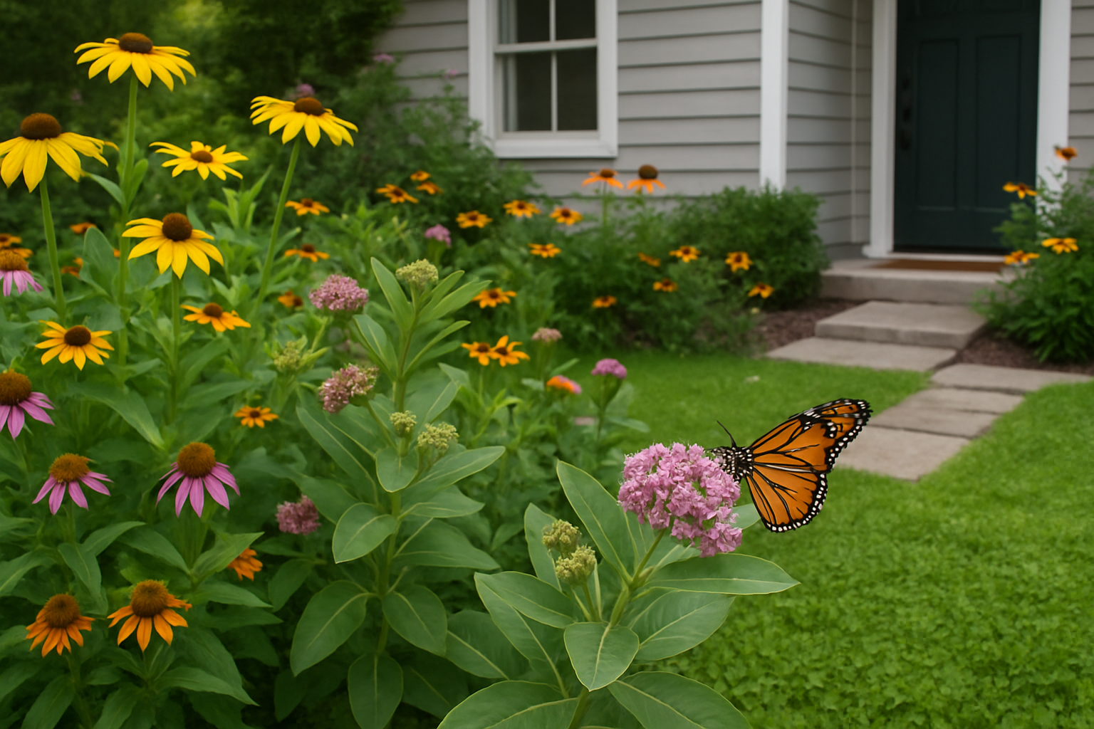Front yard garden with milkweed, coneflowers, and clover lawn attracting a Monarch butterfly—demonstrating native plant landscaping as a green living tip 