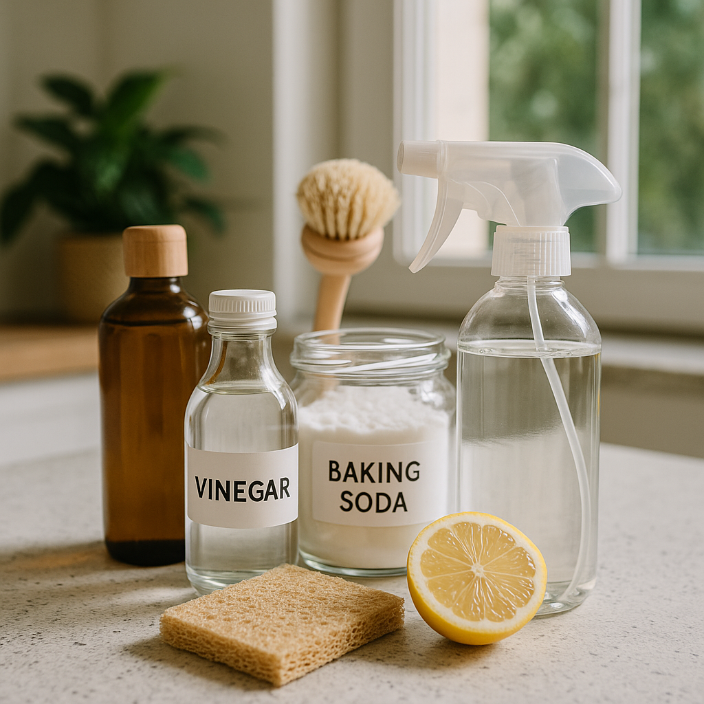 Natural cleaning products including vinegar, baking soda, lemon, and a spray bottle on a kitchen counter, ideal for green living tips and an eco-friendly hom