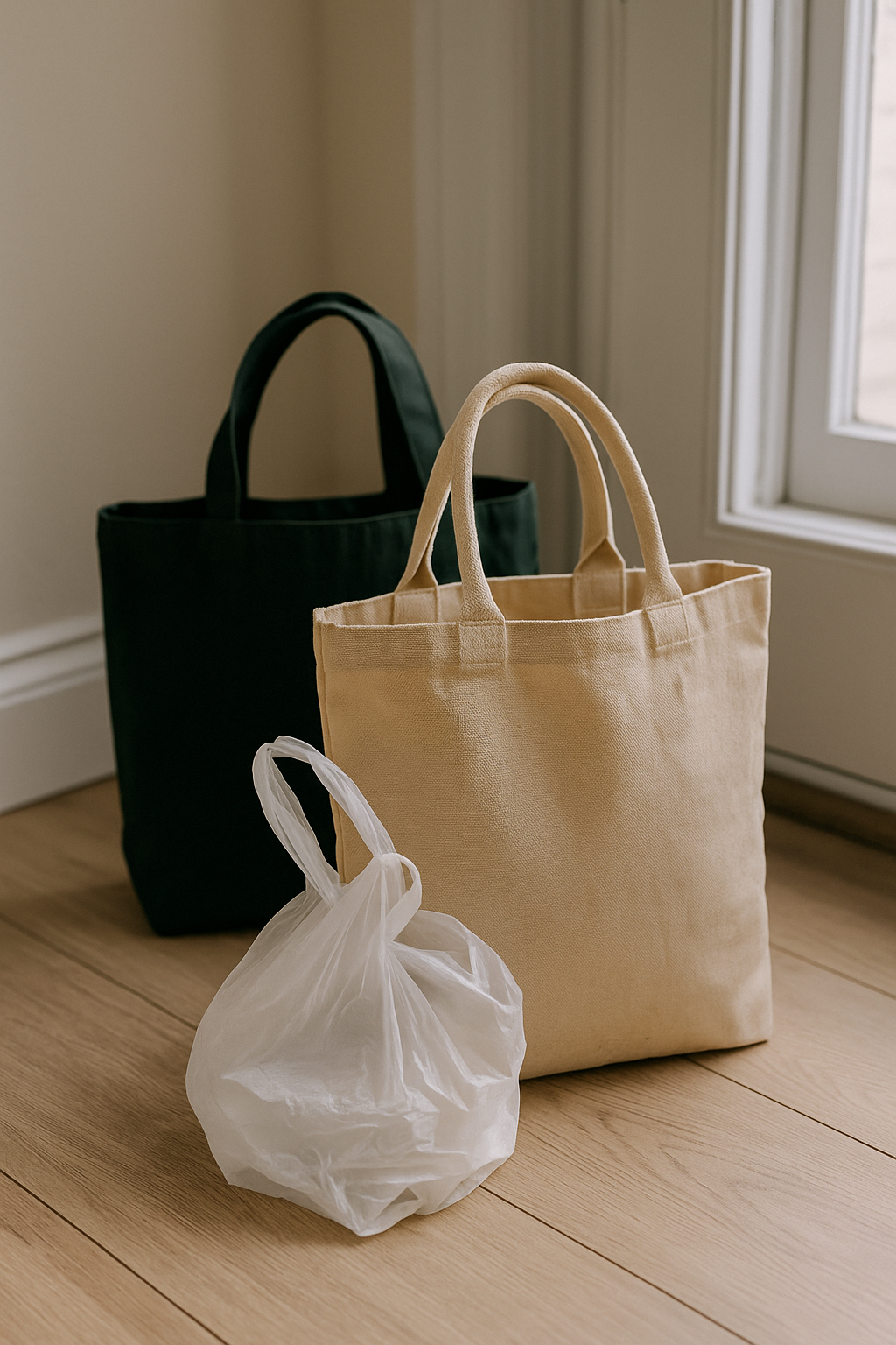 Two reusable tote bags, one beige and one green, placed beside a plastic bag on a wooden floor near a door, promoting eco-friendly shopping habits