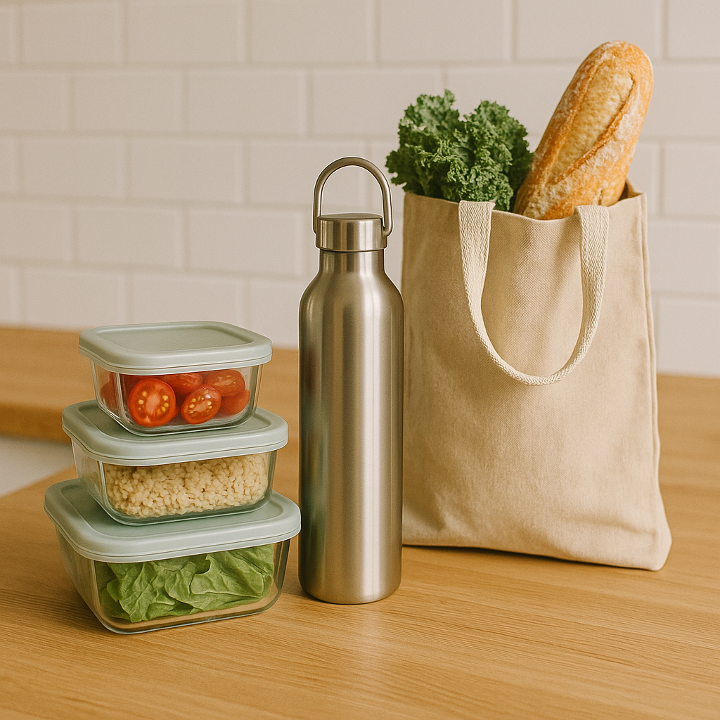 Reusable glass food containers, stainless steel water bottle, and canvas grocery bag on a kitchen counter, ideal for green living tips and an eco-friendly home