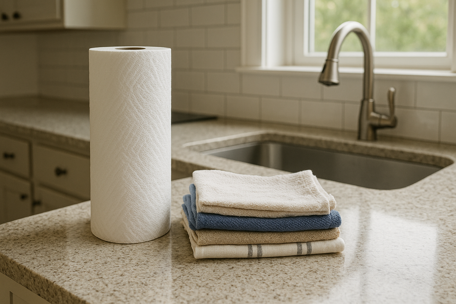Stack of reusable cloth towels next to a roll of paper towels on a kitchen counter, highlighting sustainable alternatives for green living tips in an eco-friendly home