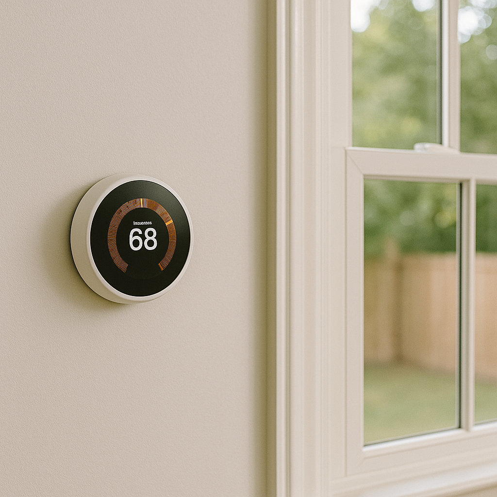 Smart thermostat mounted on a wall near a sealed window in a well-insulated home, highlighting energy-efficient green living tips for an eco-friendly home