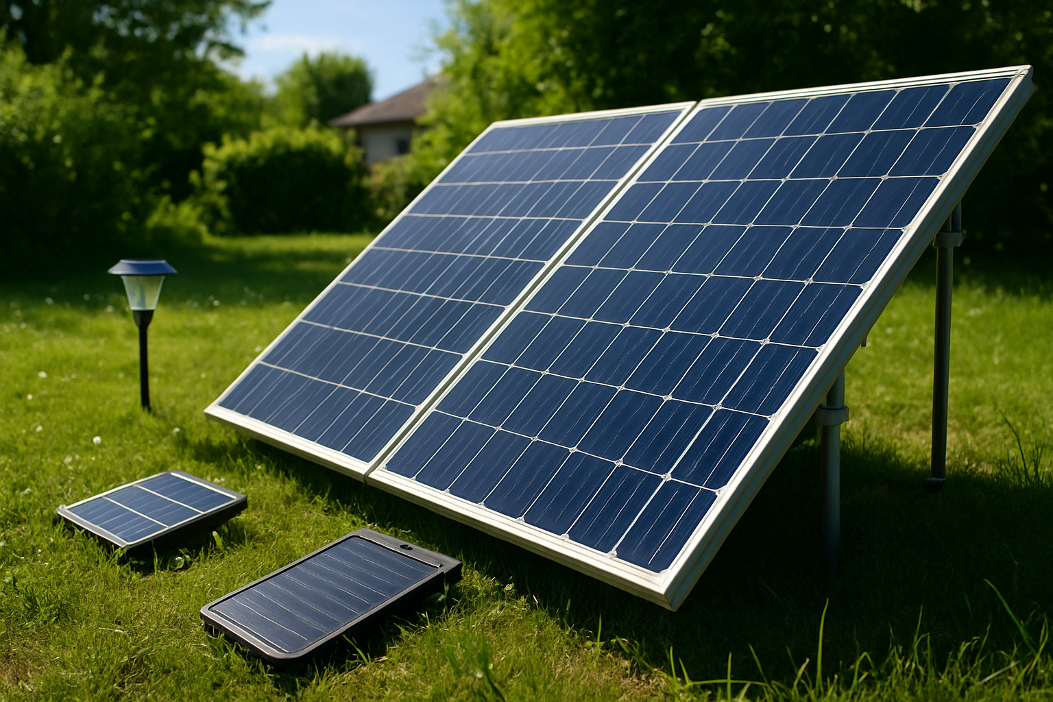 Solar panels in a backyard with solar-powered lights and chargers, promoting green living tips for an eco-friendly home