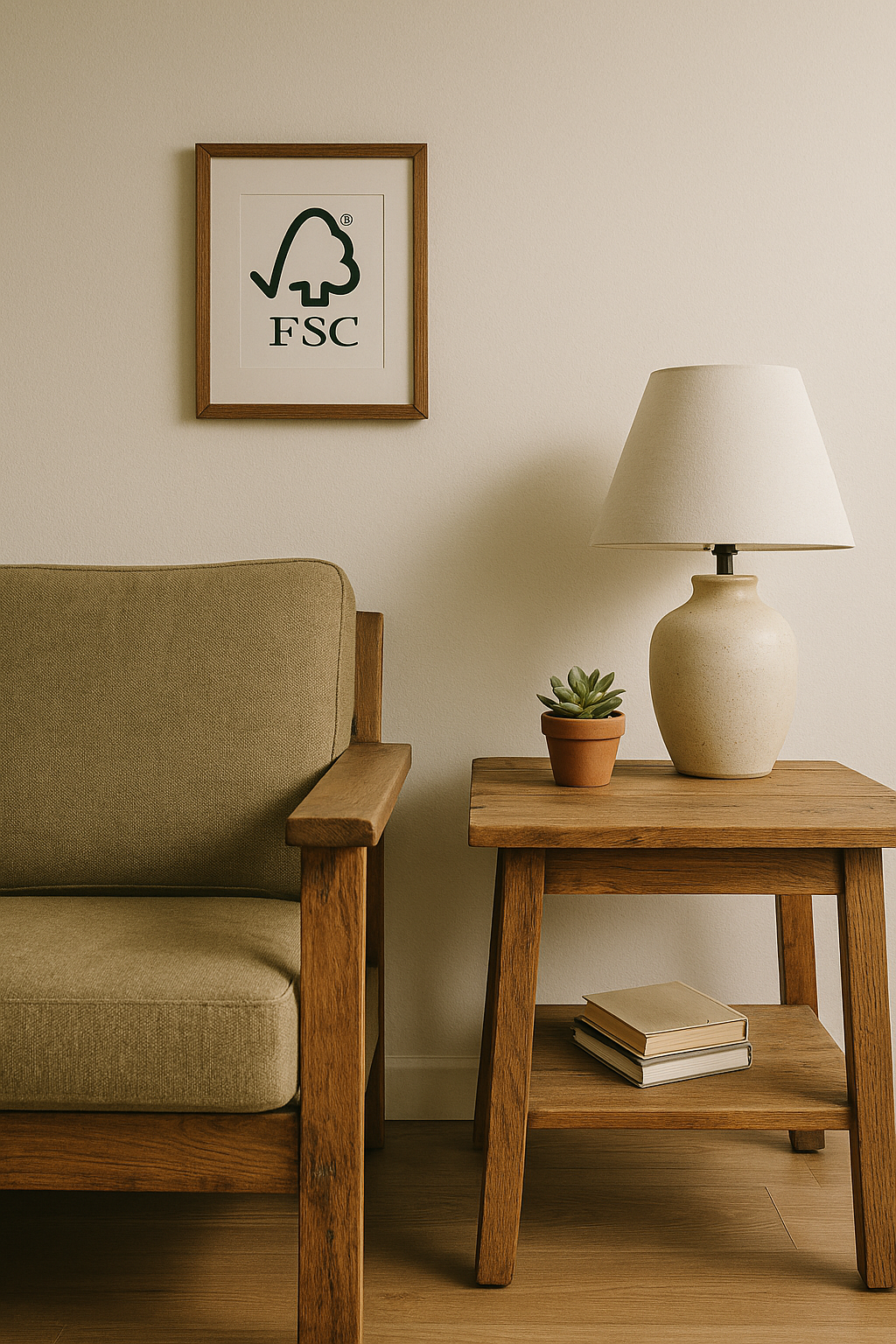 Vintage armchair and reclaimed wood side table with FSC certification on the wall, promoting sustainable furniture as part of green living tips for an eco-friendly home