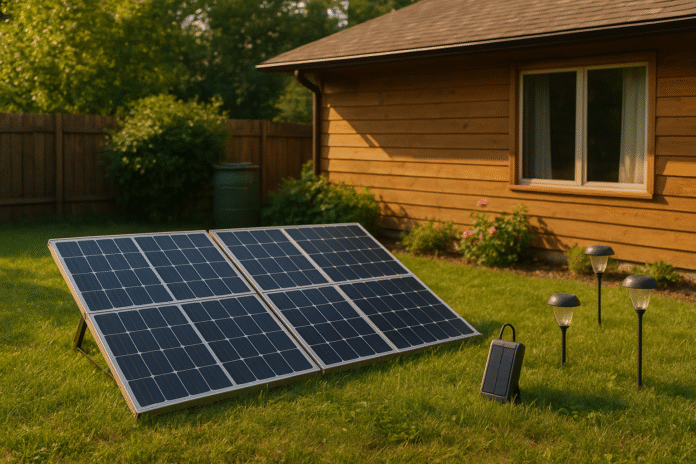 A realistic view of a suburban eco-friendly home with solar panels and lush greenery