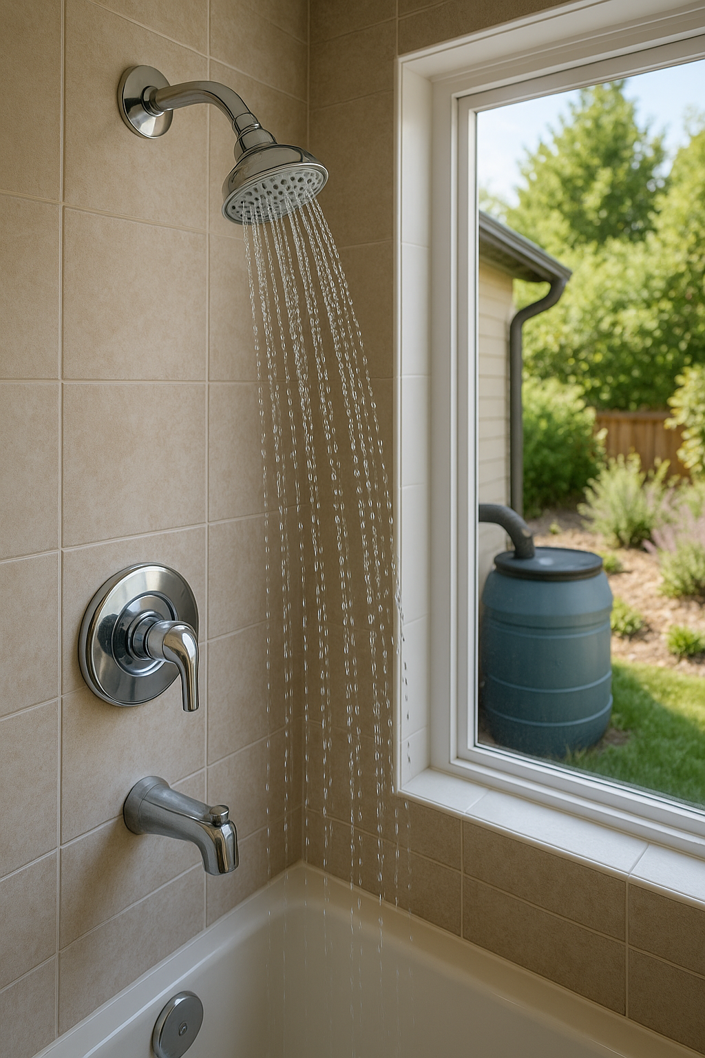 Low-flow showerhead in a modern bathroom with a rain barrel visible outside the window, illustrating water-saving green living tips for an eco-friendly home