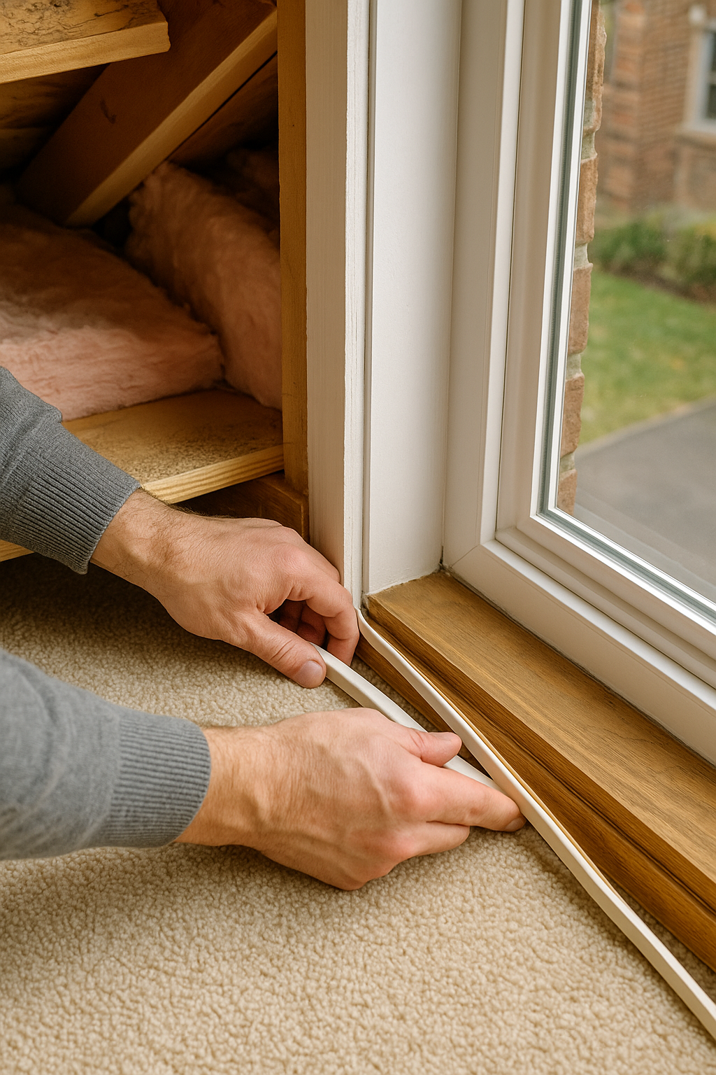 Close-up of hands installing weather-stripping on a window next to attic insulation, demonstrating home sealing for energy efficiency and green living tips