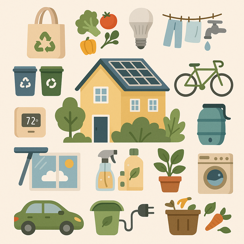 Illustration of a sustainable eco-friendly home with solar panels, reusable items, and green living practices