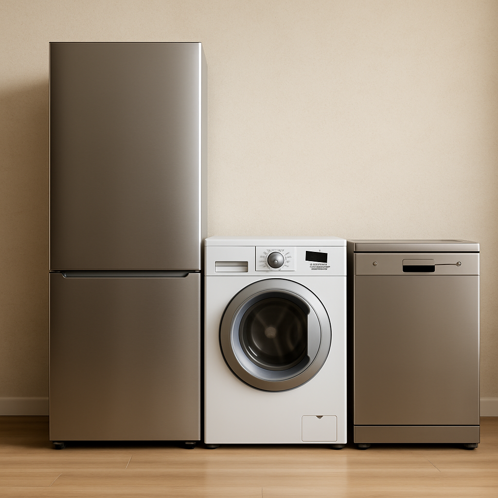 Modern energy-efficient refrigerator, washing machine, and dishwasher in a home setting
