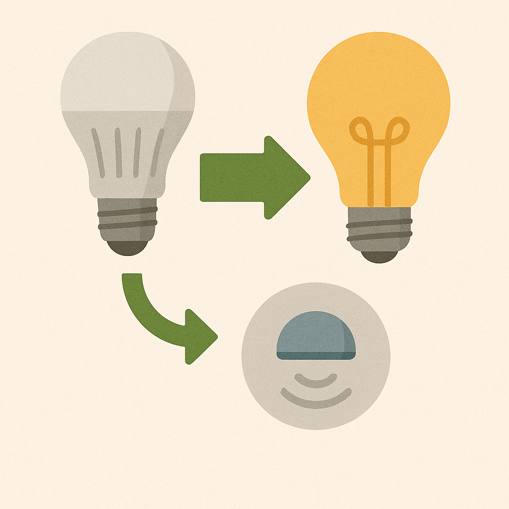 Illustration comparing an LED bulb and incandescent bulb with a motion sensor, promoting energy efficiency