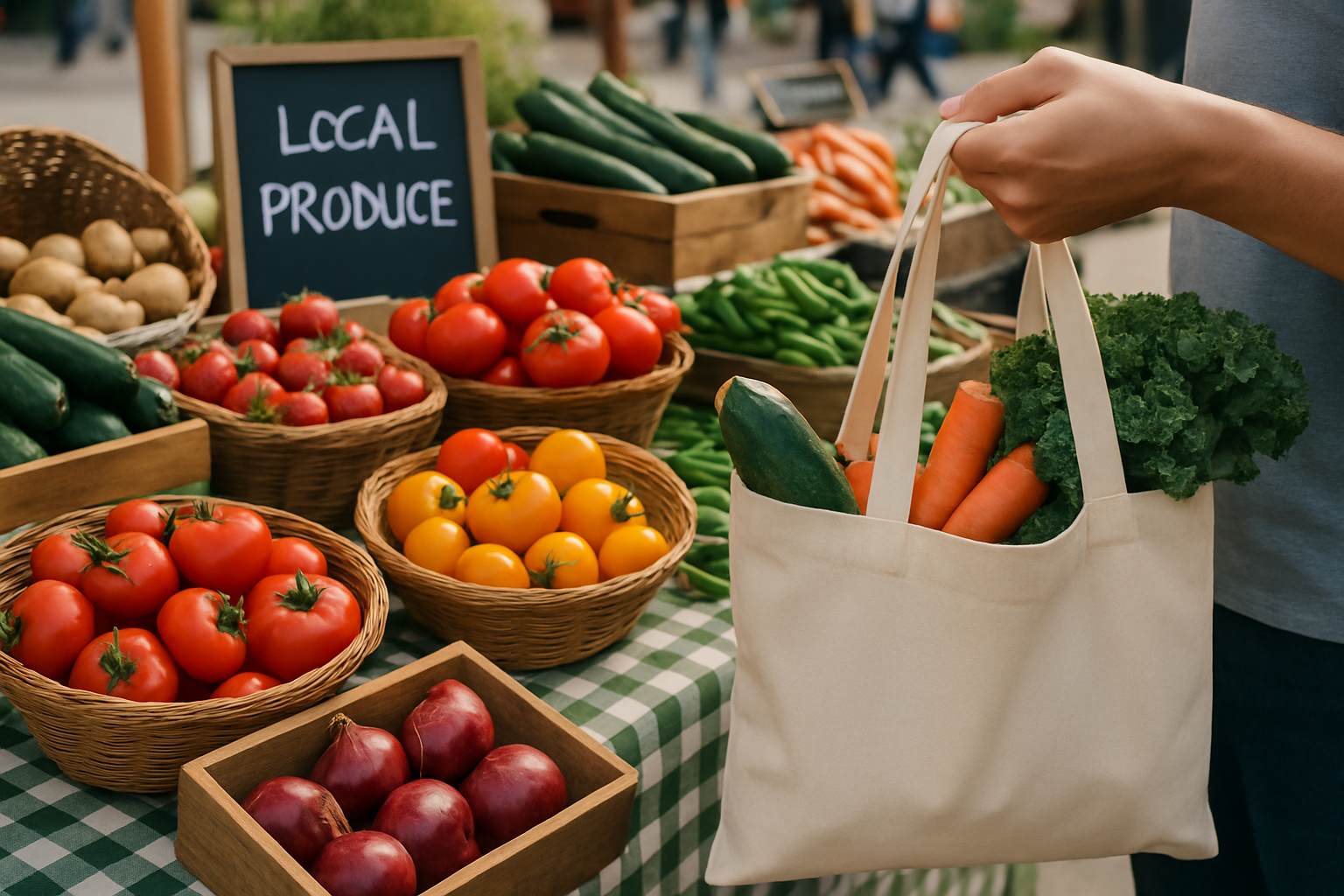 A vibrant farmers' market with fresh, locally grown produce displayed on rustic wooden stands.