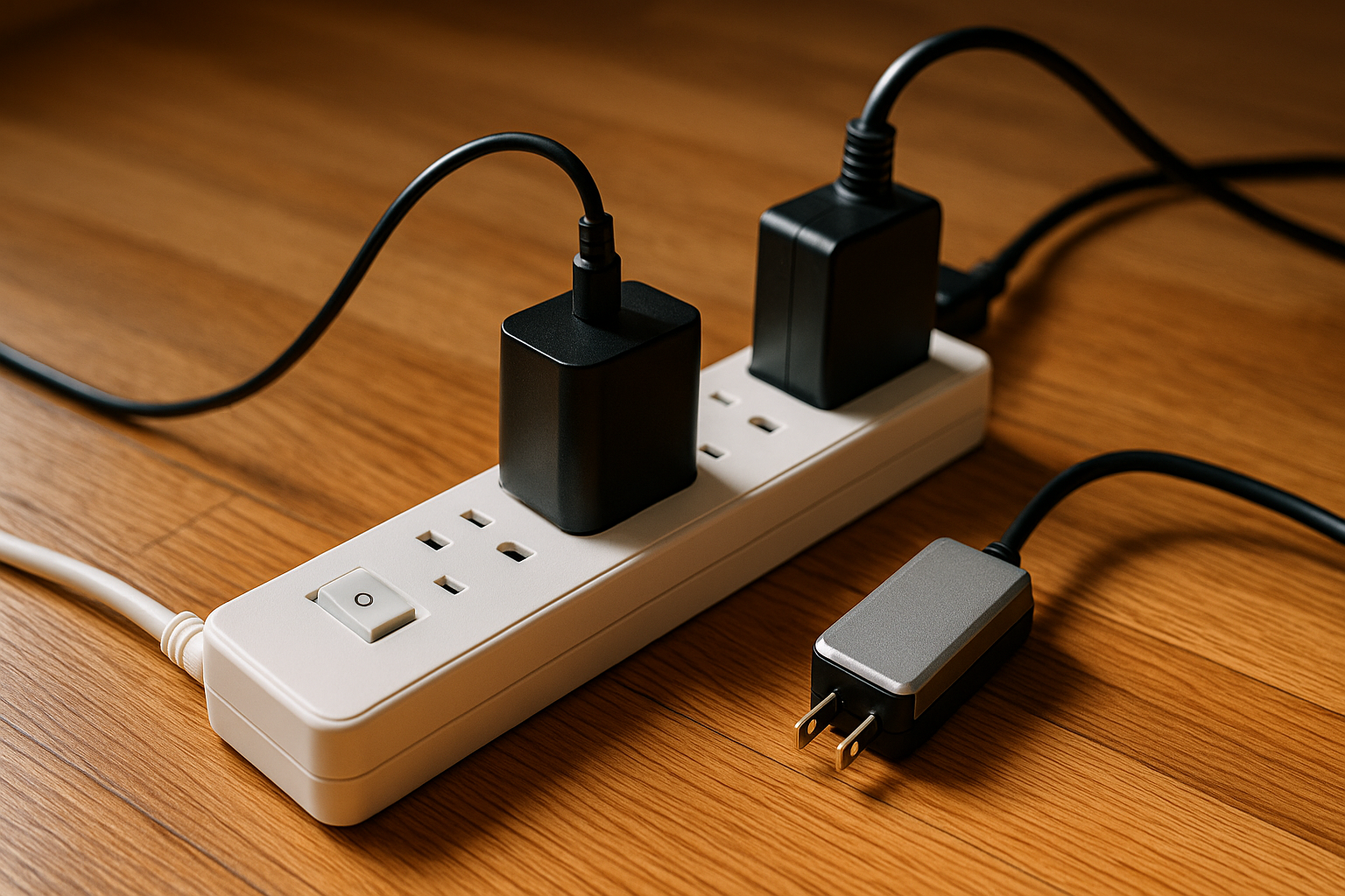 Smart power strip with electronics plugged in, illustrating energy-saving practices for an eco-friendly home.