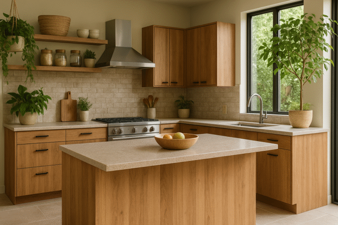Eco-friendly kitchen featuring sustainable kitchen materials like reclaimed wood cabinets, recycled countertops, and natural indoor plants, perfect for modern eco-homes.