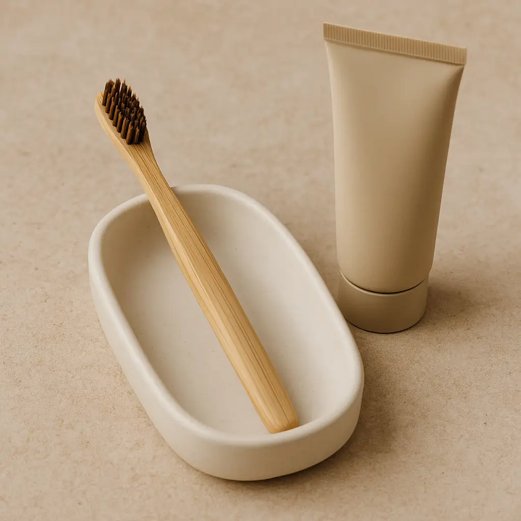 A bamboo toothbrush with dark bristles placed on a ceramic dish next to a minimalist toothpaste tube, highlighting eco-conscious men’s grooming essentials.