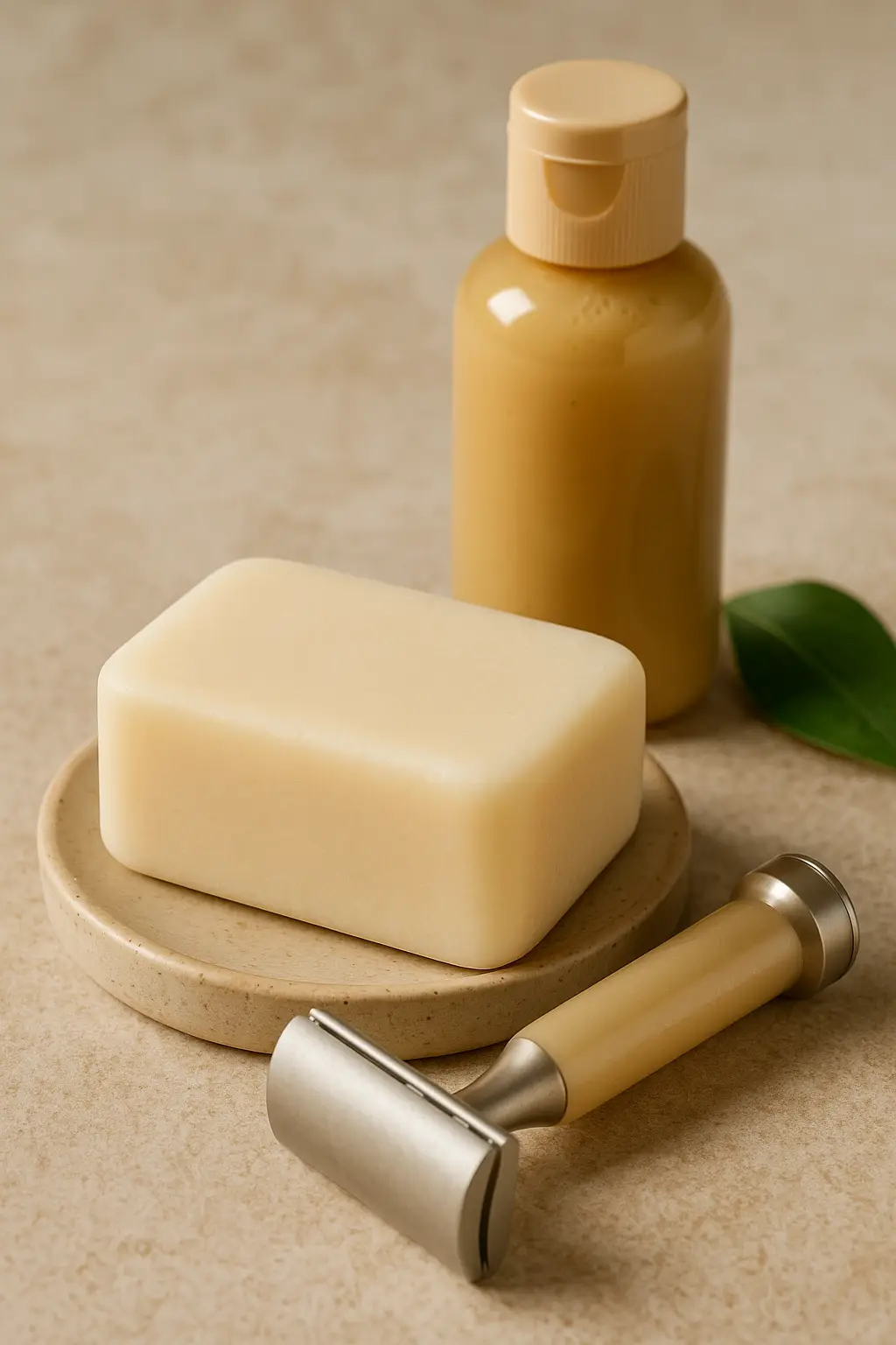 A natural conditioner bar alongside a liquid concentrate bottle on a ceramic tray, showcasing eco-friendly alternatives for sustainable men’s grooming.