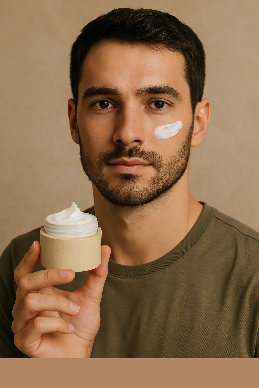 Man applying organic moisturizer with SPF, holding a sustainable jar made of recyclable material—ideal for eco-conscious men’s grooming routines.