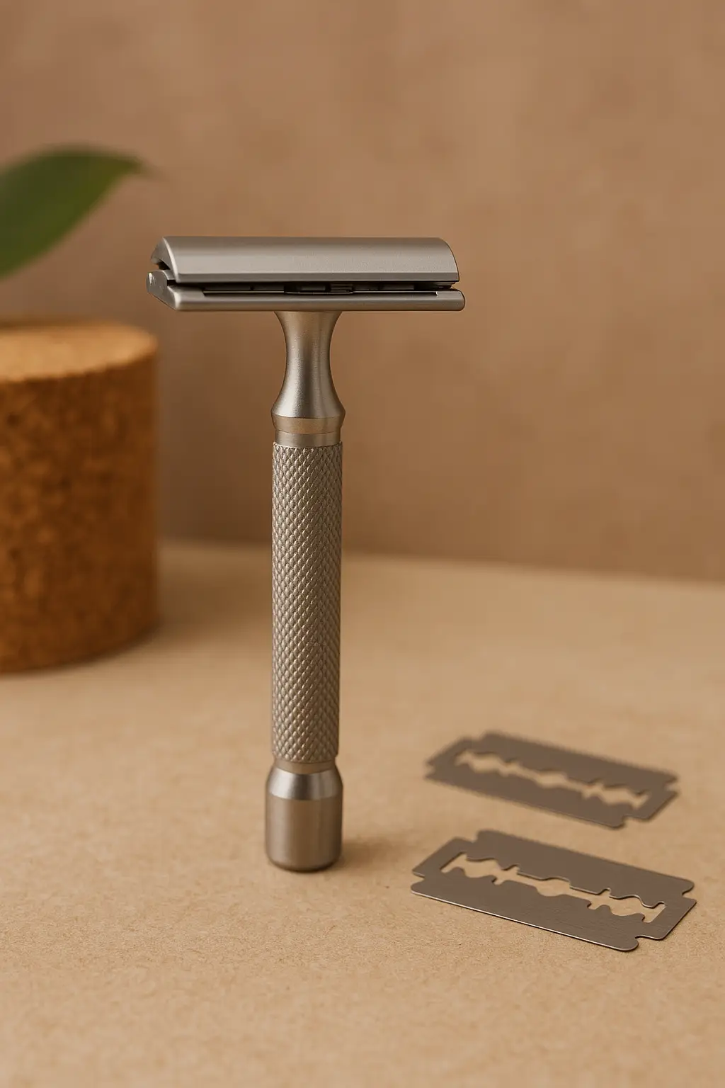 A stainless steel safety razor with recyclable blades on a natural surface, representing a zero-waste solution in sustainable men’s grooming.