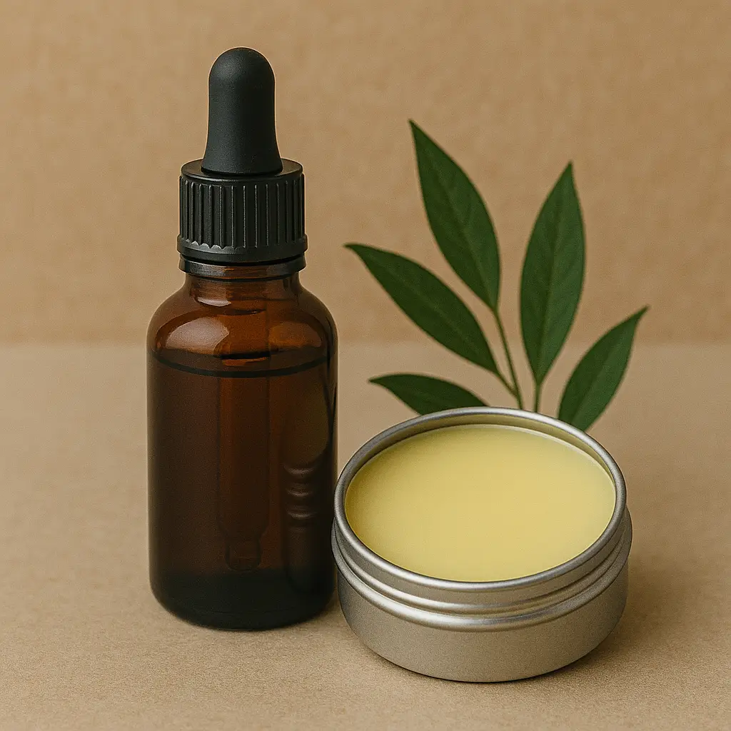 Organic beard oil in a dark amber bottle and beard balm in a metal tin, ideal for sustainable men’s grooming routines.