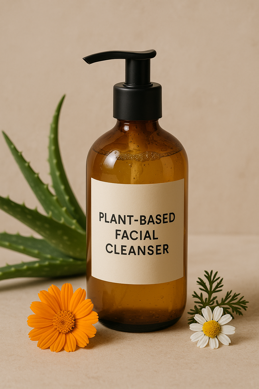 Plant-based facial cleanser in an amber glass pump bottle with aloe, calendula, and chamomile—ideal for sustainable men’s grooming routines.