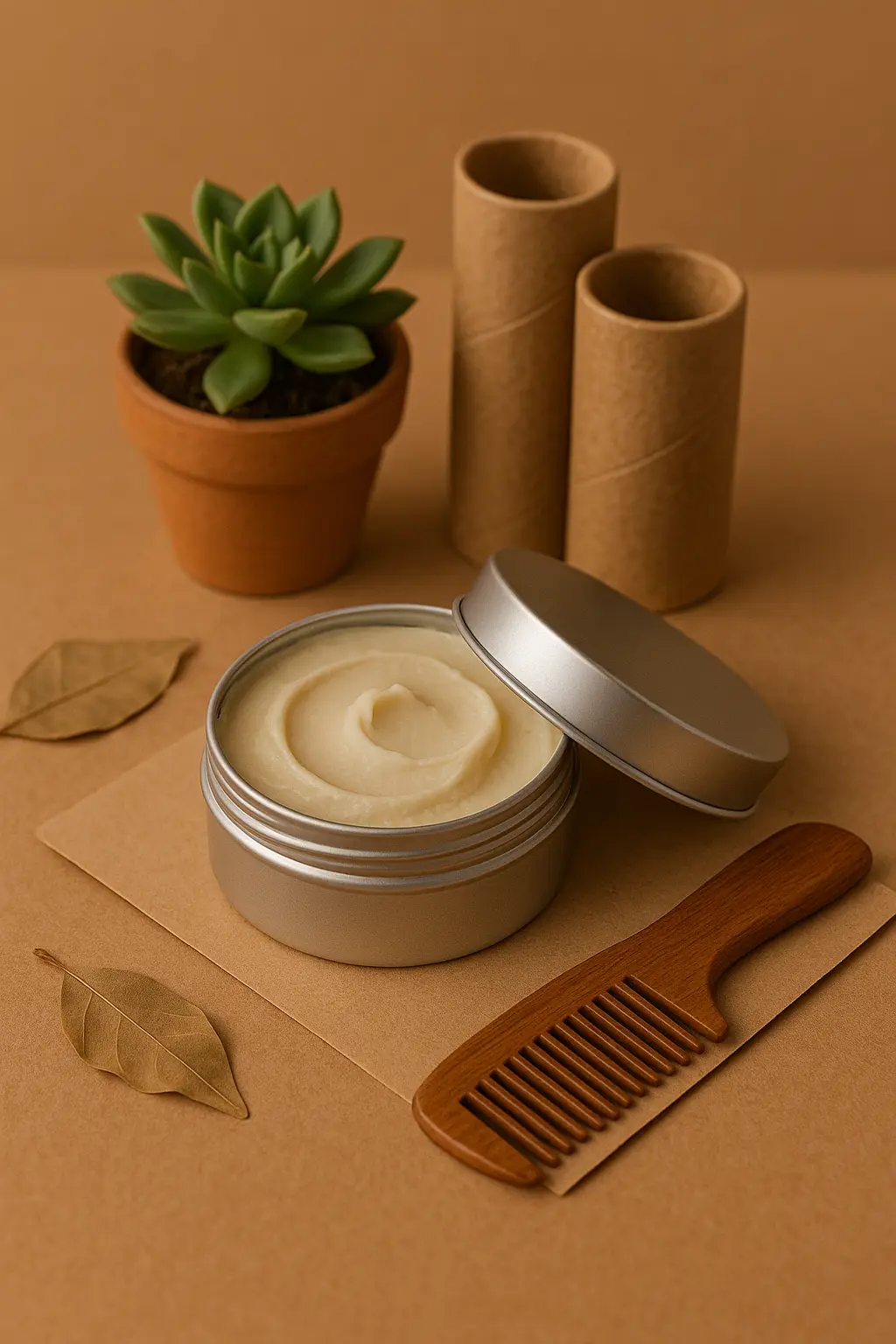 Biodegradable hair styling product in an aluminum tin, with cardboard tubes, a wooden comb, and succulent—ideal for sustainable men’s grooming.
