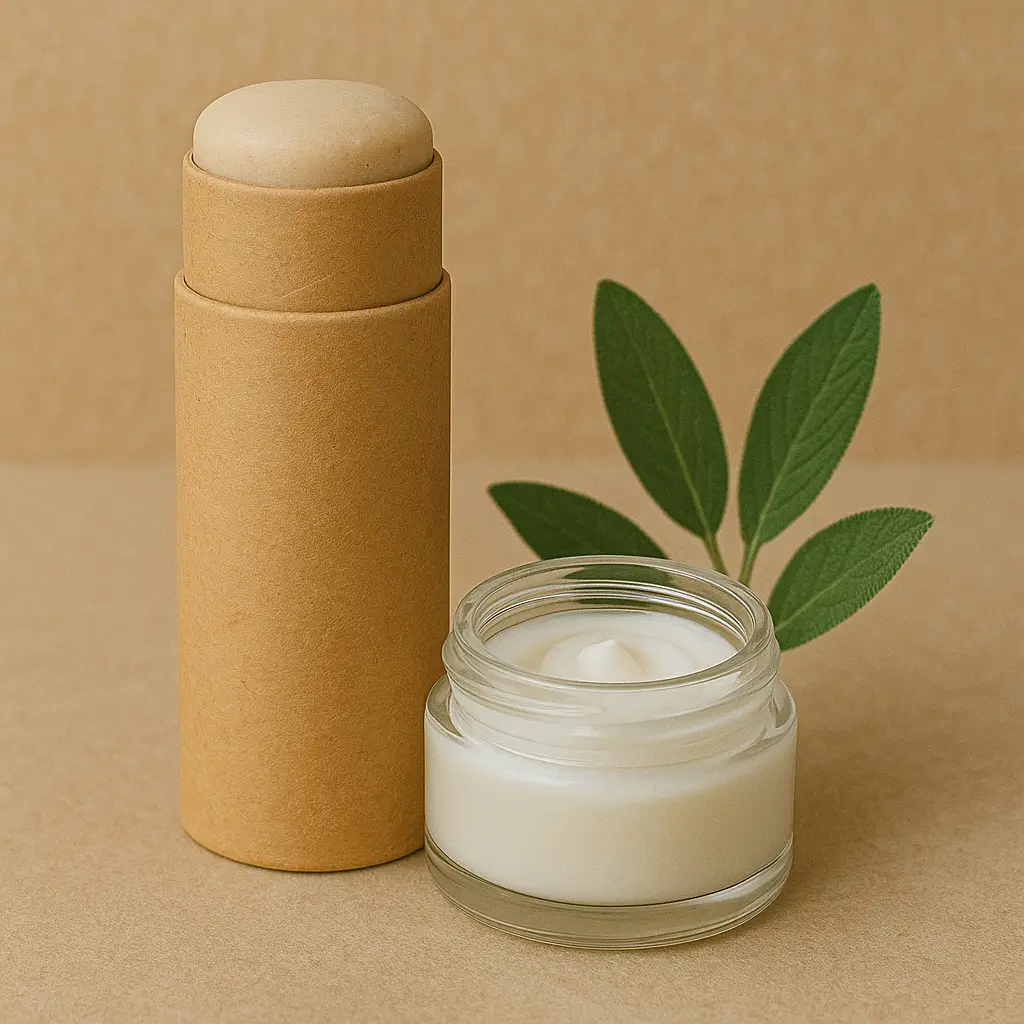 Mineral-based natural deodorant in a cardboard tube and cream in a glass jar with sage leaves, promoting sustainable men’s grooming.
