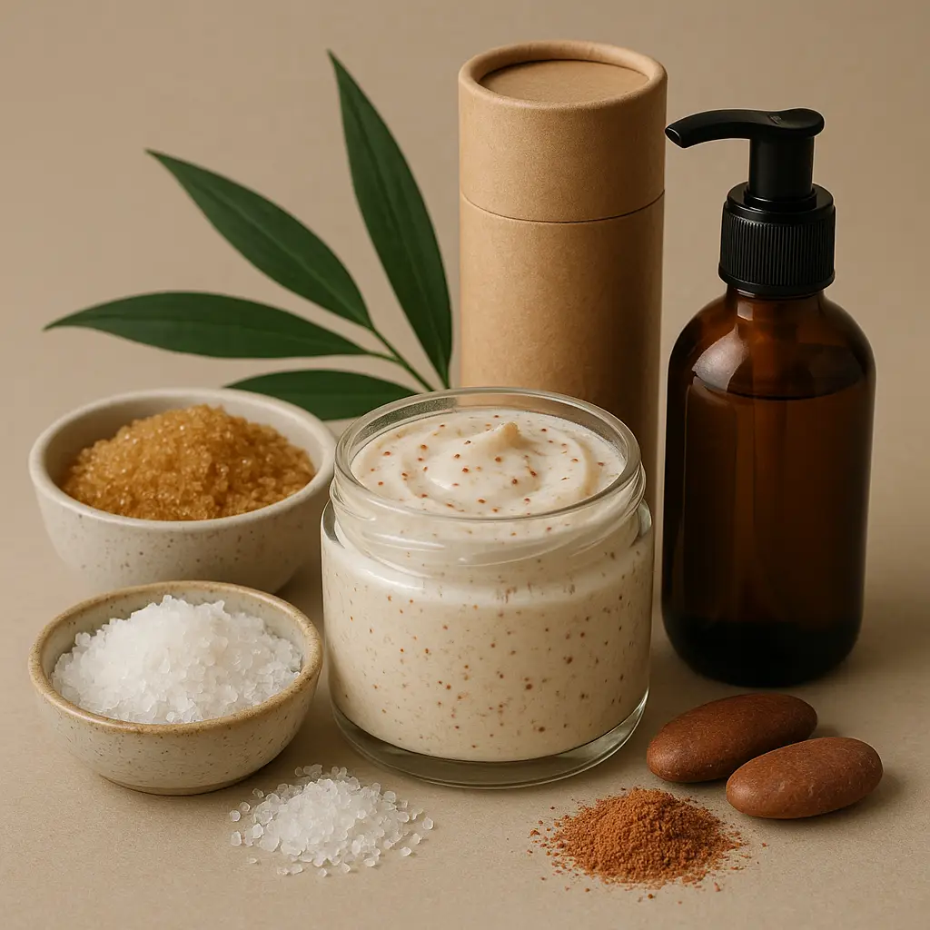 Natural exfoliants for sustainable men’s grooming, including sugar, salt, jojoba bead scrub, and eco-friendly packaging