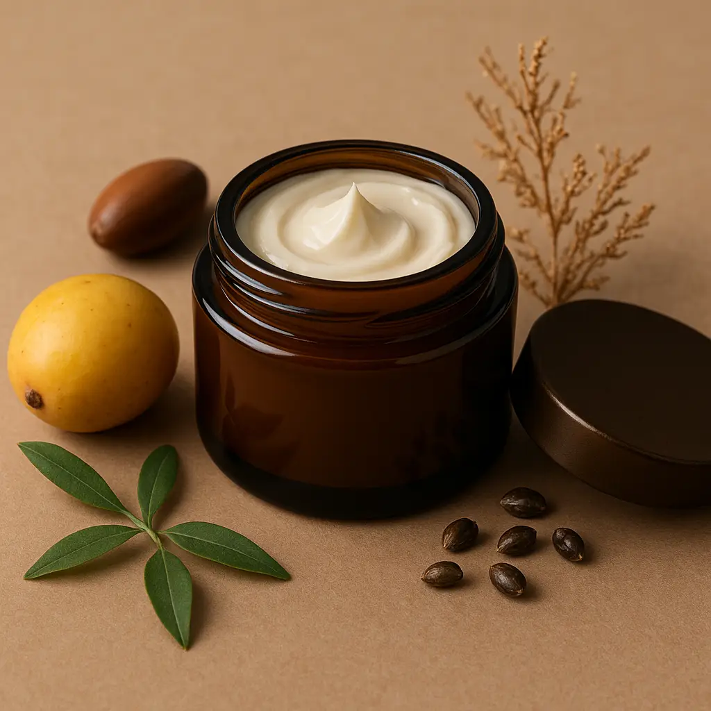 Rich hydrating night cream in a dark glass jar with natural ingredients like marula, argan, and hemp seed—ideal for sustainable men’s grooming routines.