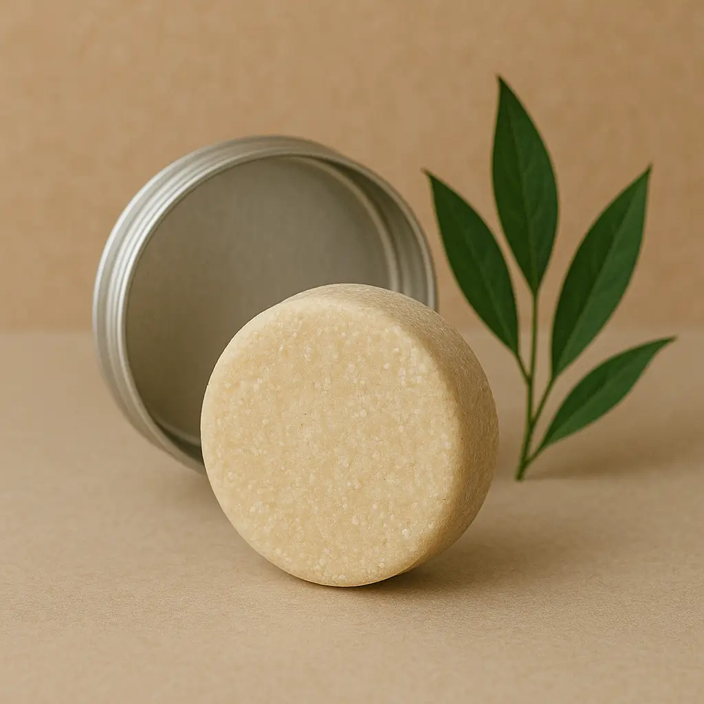 A solid beige shampoo bar with a reusable metal tin and green leaves, promoting zero-waste men’s grooming.