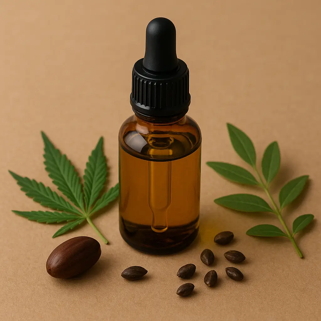 Amber glass dropper bottle of plant-powered shave oil with jojoba, hemp, and grapeseed—perfect for sustainable men’s grooming routines.
