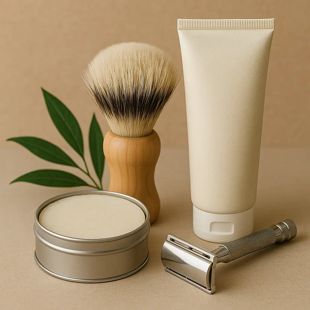 Eco-friendly men’s shaving essentials including solid shaving soap in a metal tin, shaving cream in a recyclable tube, and a wooden brush