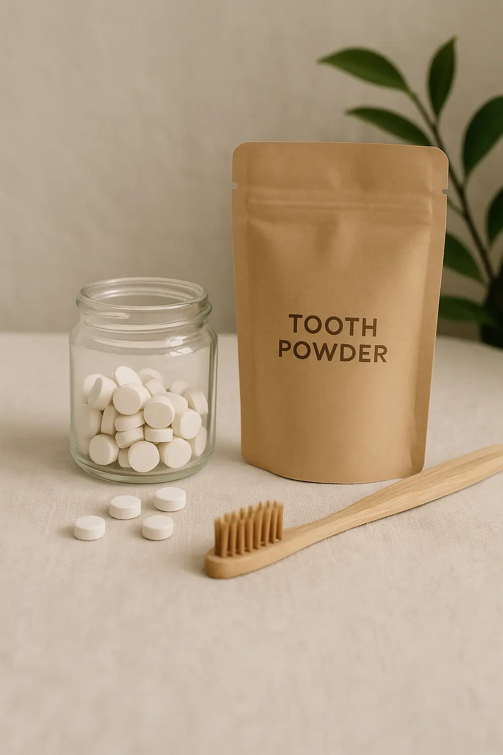 Glass jar of toothpaste tablets, kraft paper pouch labeled tooth powder, and bamboo toothbrush—eco-friendly dental care for sustainable men’s grooming.