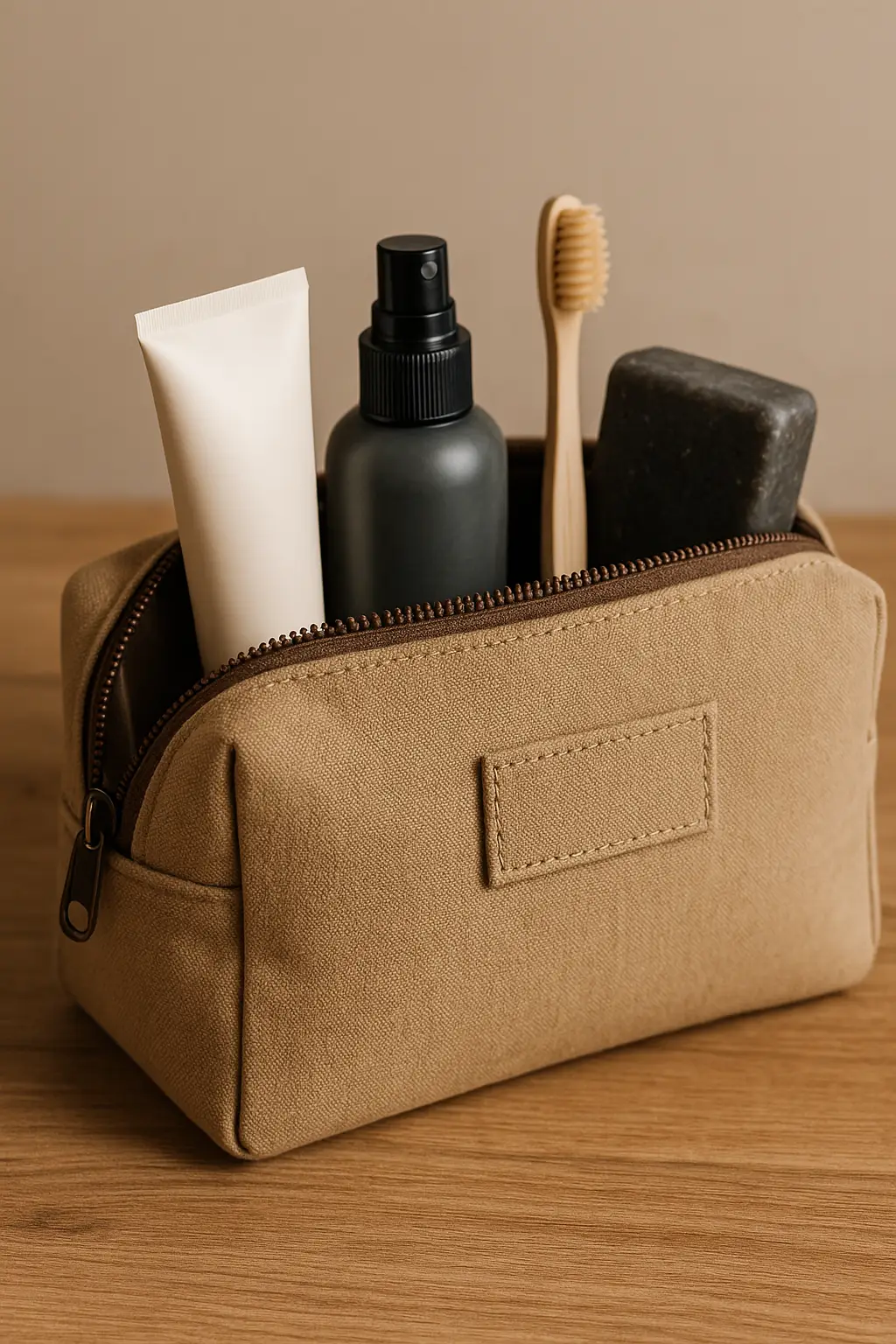 Sustainable men’s grooming kit bag made from eco-friendly materials, including a bamboo toothbrush and natural toiletries.
