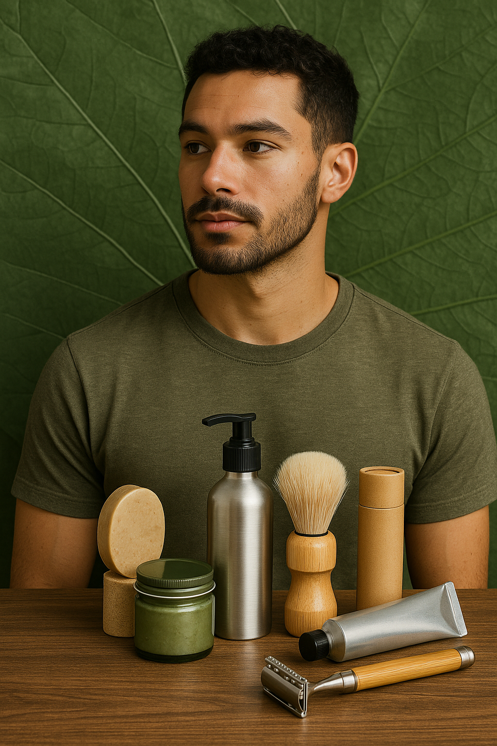 A modern man with eco-friendly grooming products including a bamboo brush, metal razor, and natural skincare jars, promoting sustainable men’s grooming.