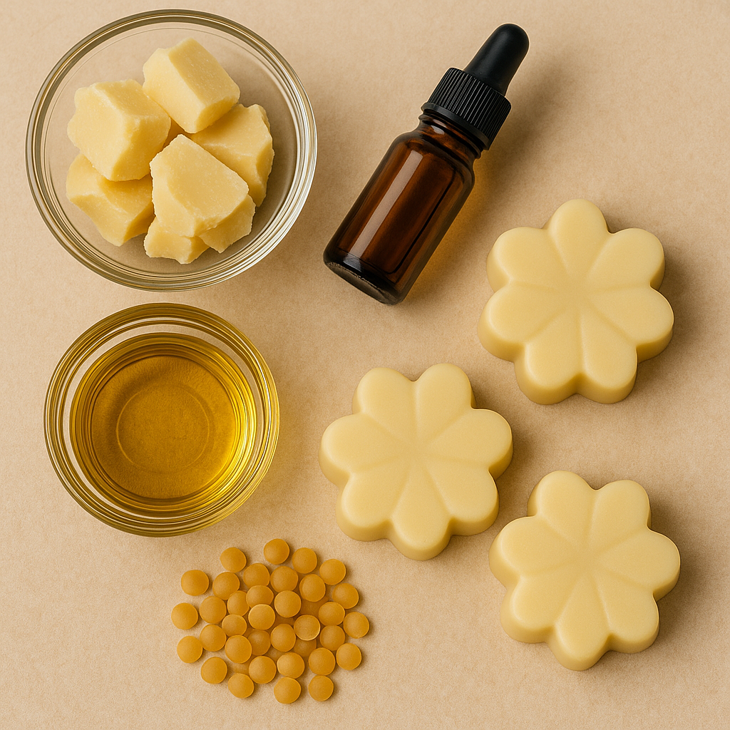 “Ingredients for homemade cocoa butter delight lotion bar recipe — chunks of cocoa butter, jojoba oil, beeswax pellets, cedarwood essential oil bottle, and finished flower-shaped lotion bars.”