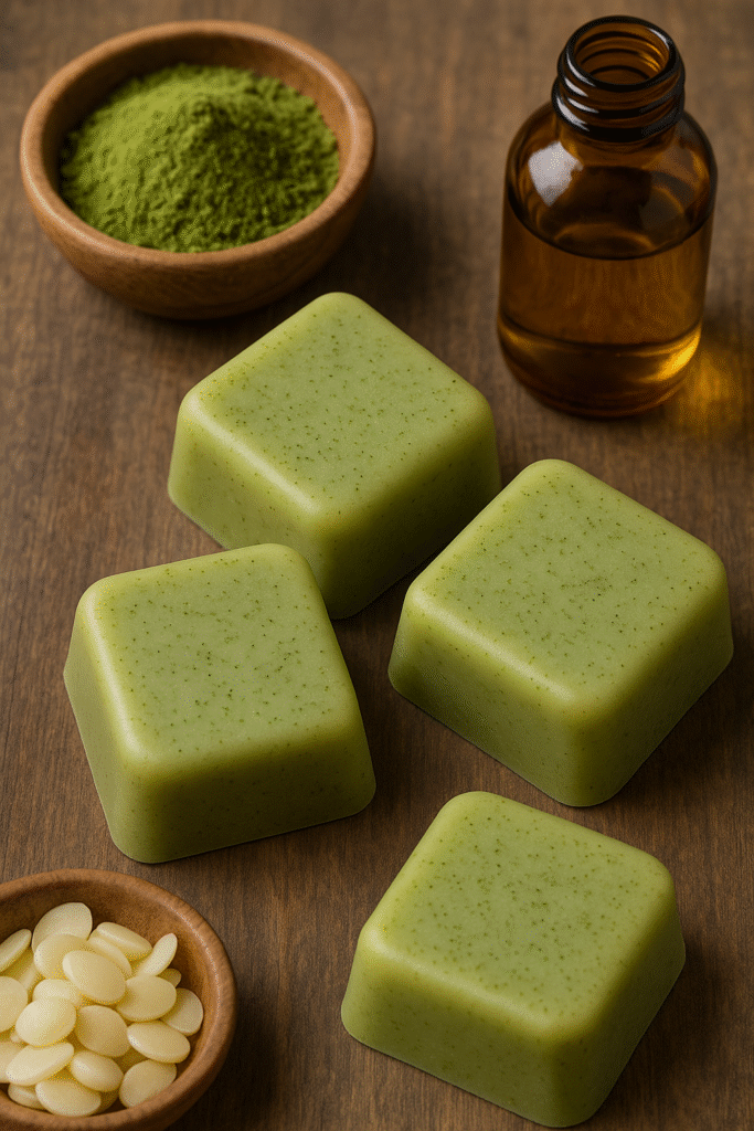 "Square green tea lotion bars with matcha powder, argan oil, and candelilla wax displayed on a wooden surface for zero waste skincare"