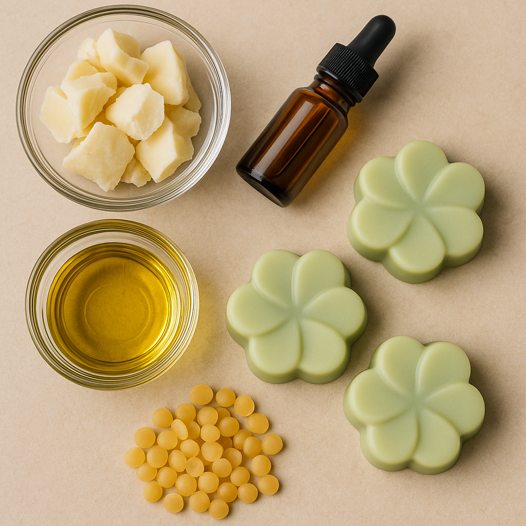 “Minty fresh lotion bar ingredients including kokum butter, avocado oil, beeswax pellets, and peppermint essential oil arranged with finished green lotion bars for DIY lotion bar recipes.”