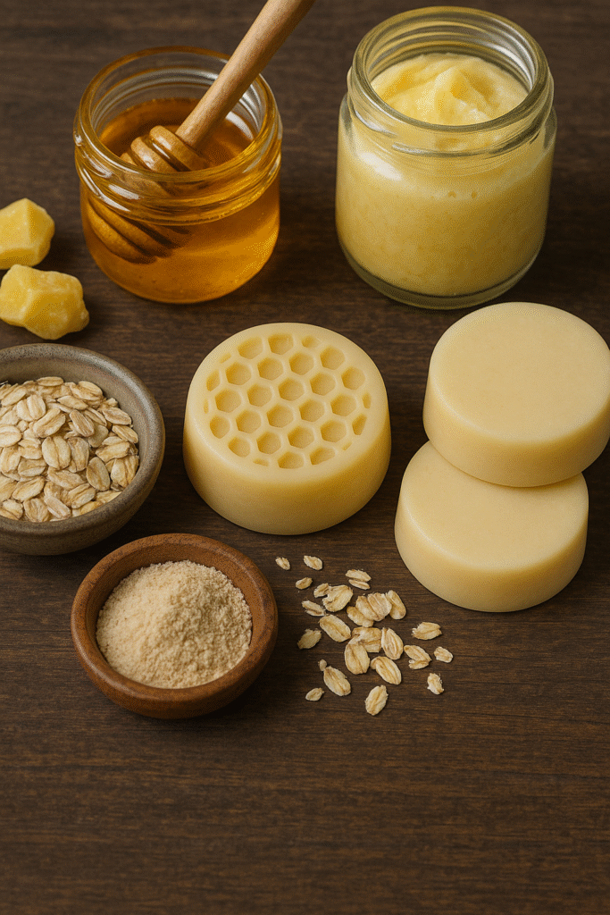"Oatmeal and honey lotion bars for sensitive skin, featuring beeswax, mango butter, colloidal oatmeal, and natural honey on a wooden background"