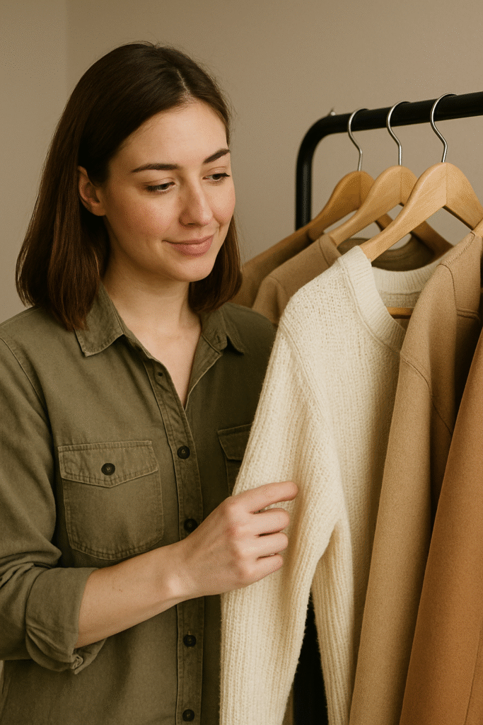 "Young woman thoughtfully evaluating a cream sweater using the 30 wears test for sustainable shopping decisions"
