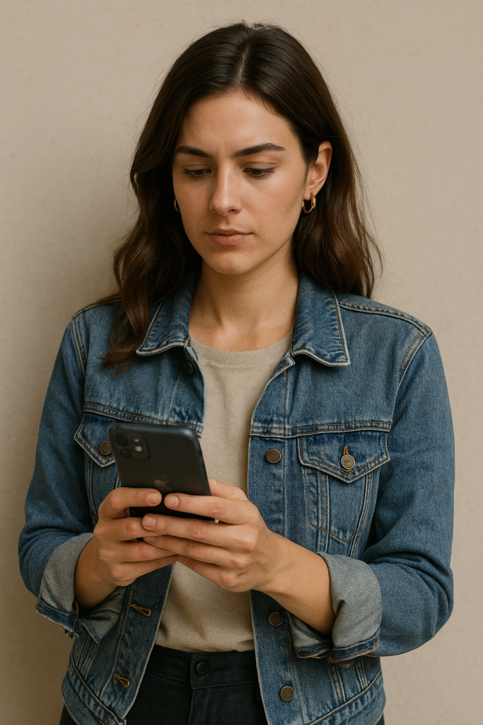 Young stylish woman using her phone to advocate for sustainable fashion by tagging brands and supporting eco-friendly policies.