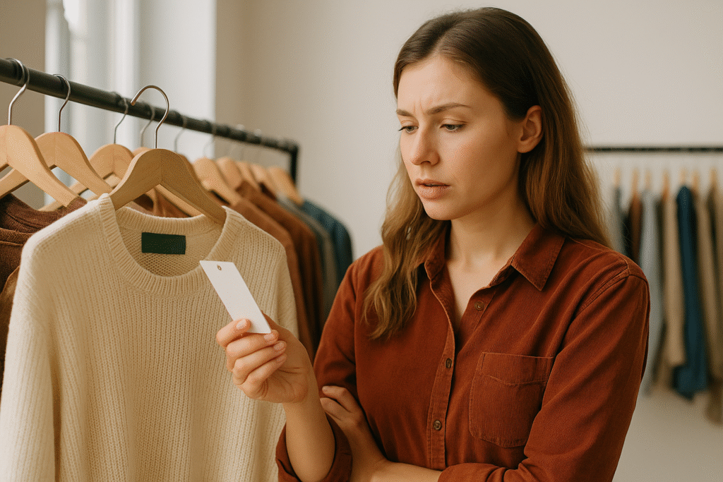 "Young woman reading a clothing tag in a store, critically evaluating eco-friendly claims to avoid greenwashing"