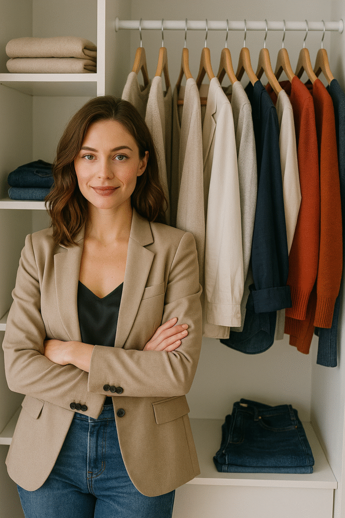 "Smiling woman in a neutral blazer standing in front of a capsule wardrobe with stylish, high-quality clothing pieces—illustrating sustainable shopping secrets."