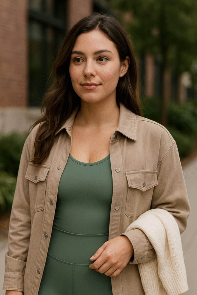 "Stylish woman wearing sustainable clothing made from recycled materials, promoting circular fashion brands"