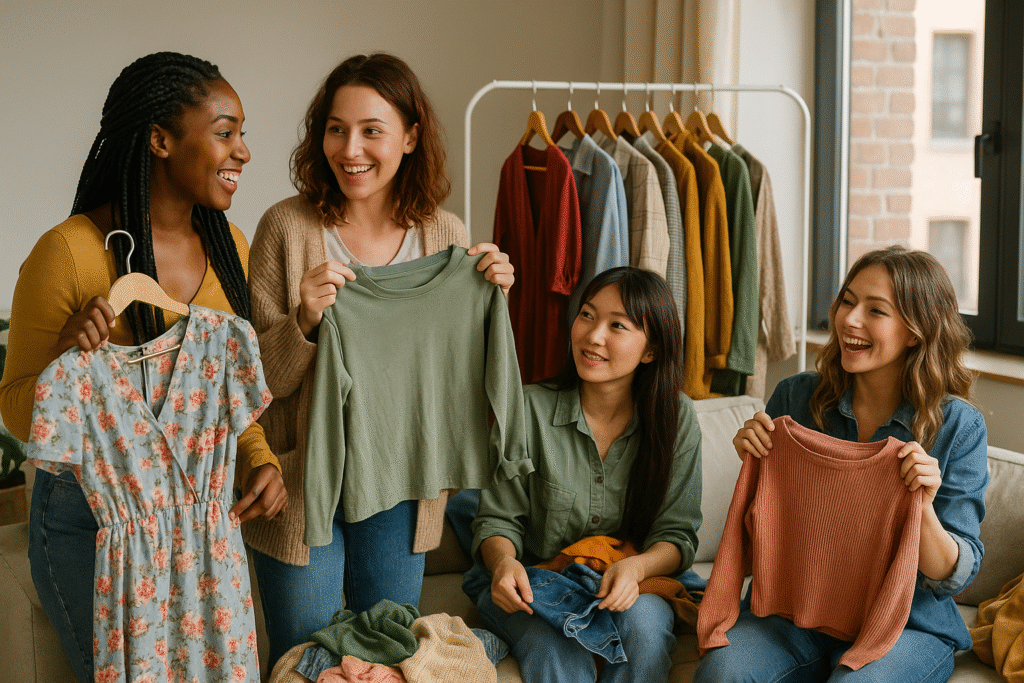 "Diverse group of stylish women hosting a clothing swap party to refresh their wardrobes sustainably"