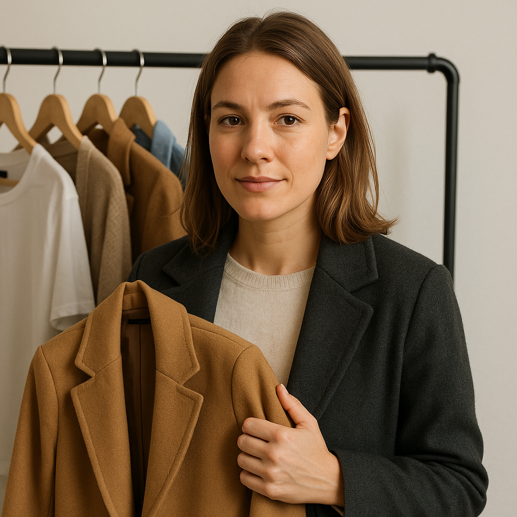 "A stylish woman evaluating a camel coat while shopping, emphasizing sustainable shopping secrets through cost-per-wear value."