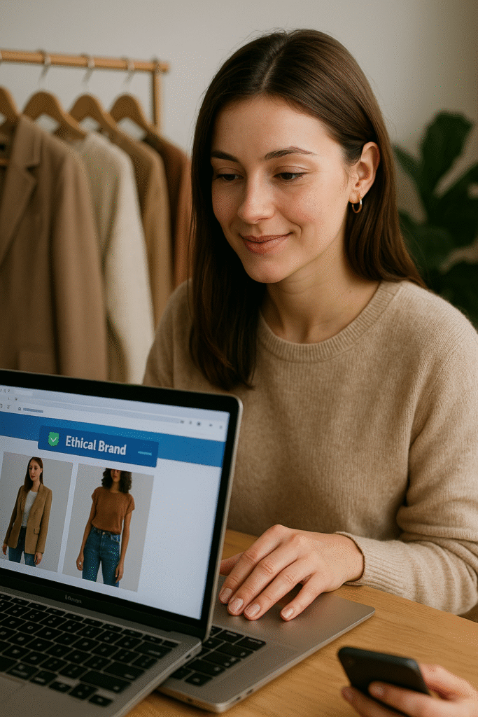 "Young woman using a laptop with ethical brand ratings displayed, utilizing browser tools to shop sustainably"