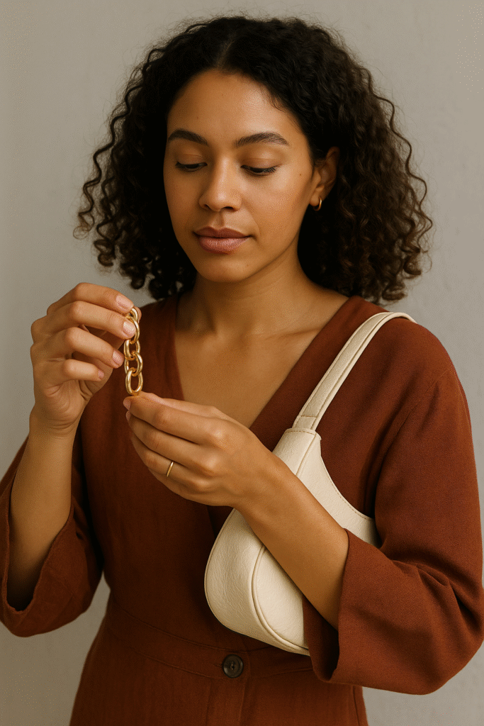 "Stylish woman holding a cream vegan leather bag and recycled gold earring, promoting sustainable accessories"