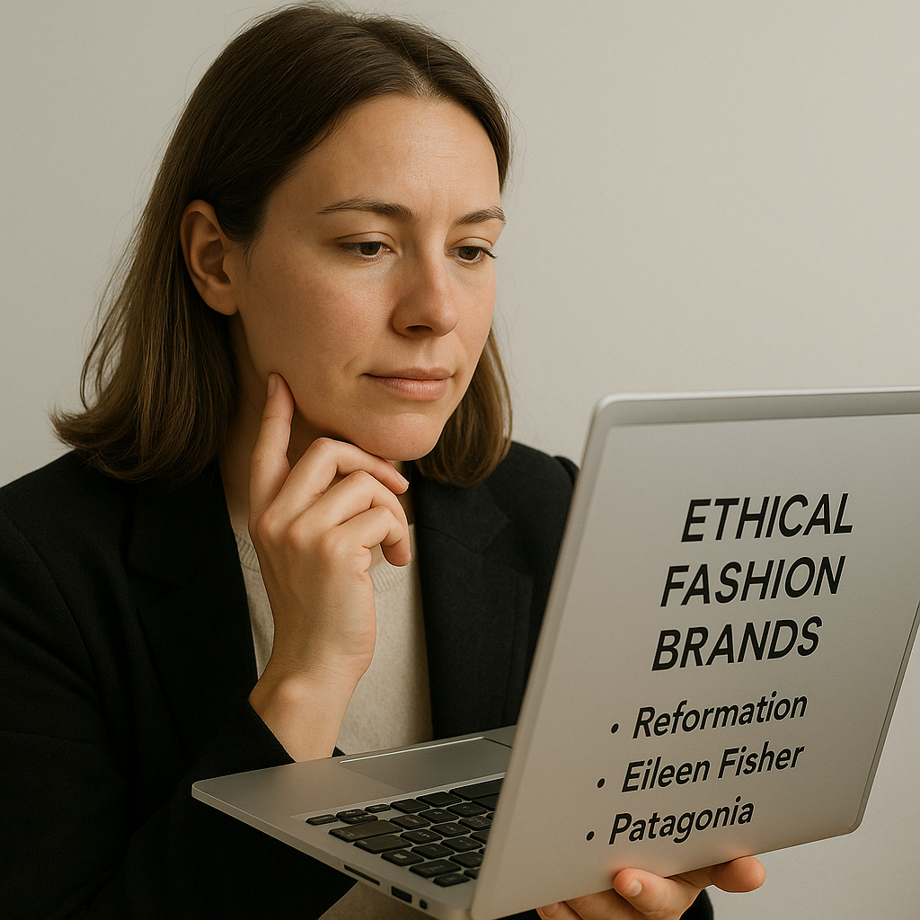 "A woman researching ethical fashion brands like Reformation and Patagonia on her laptop, representing sustainable shopping secrets for stylish women."