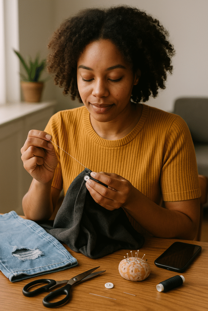 "Stylish woman sewing a button on fabric as part of sustainable shopping secrets and garment repair tips"